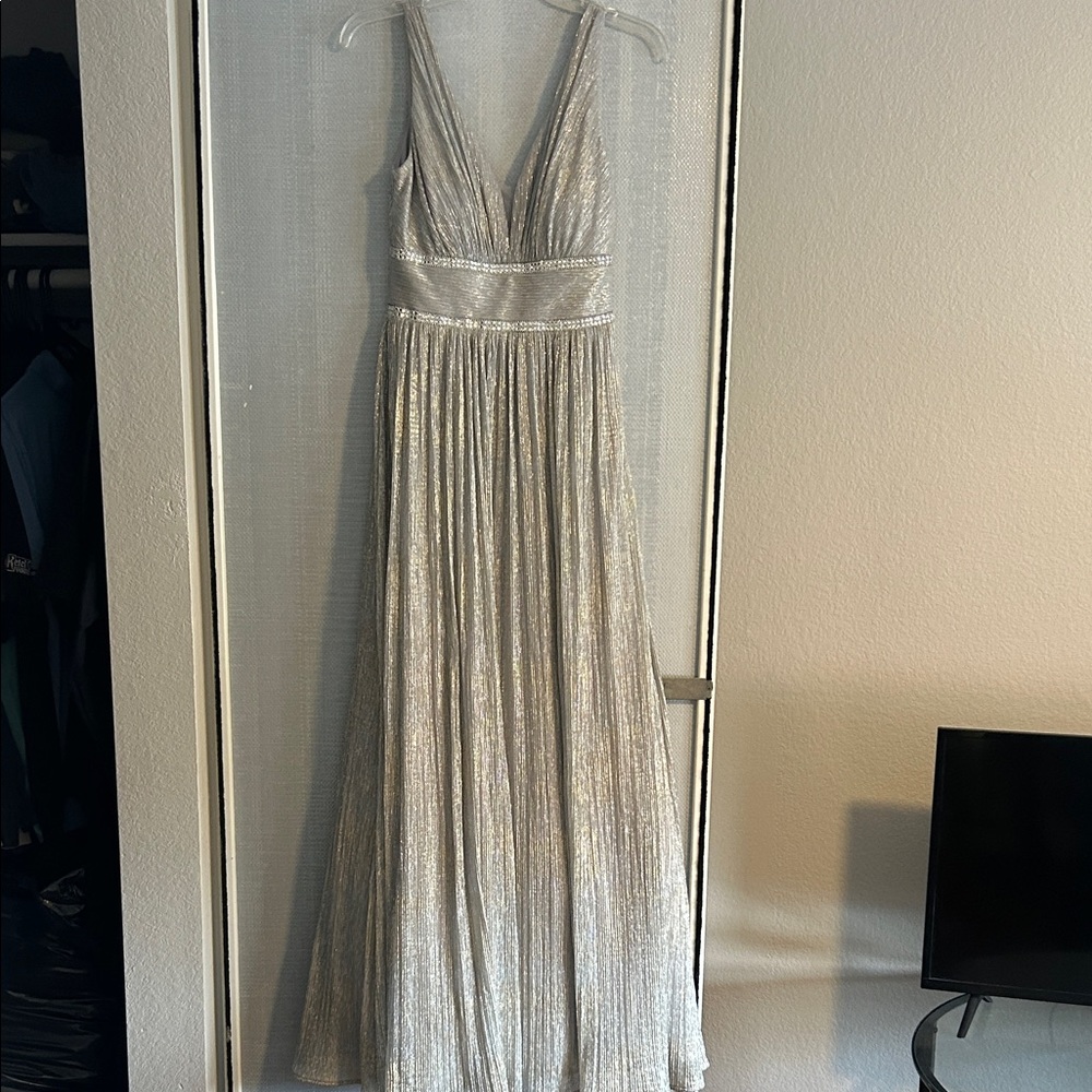 Morgan & Co. Shimmering Backless Silver Formal Gown